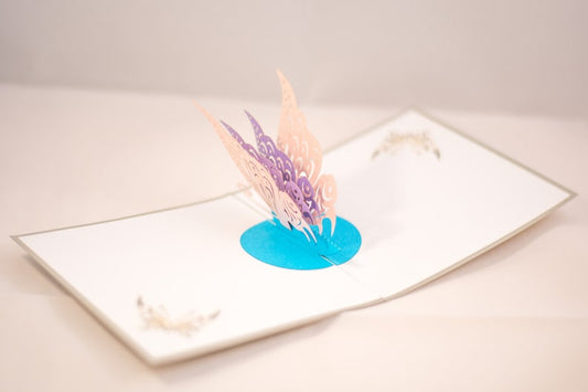 Butterfly 3D pop-up card by PopJoy Cards - open view with pink and purple butterfly