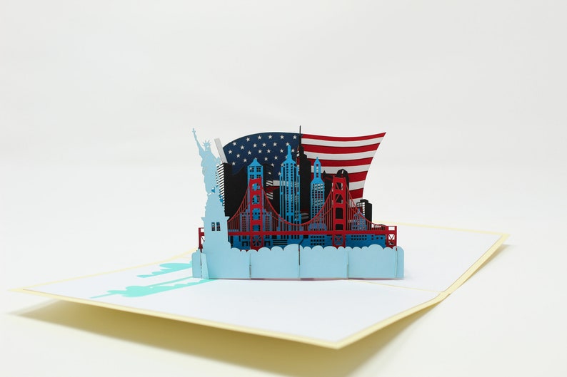 Lady Liberty pop-up card open showing New York skyline