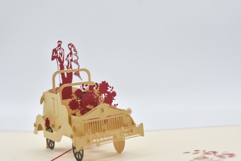 Wedding Getaway Car pop-up card open showing couple in car