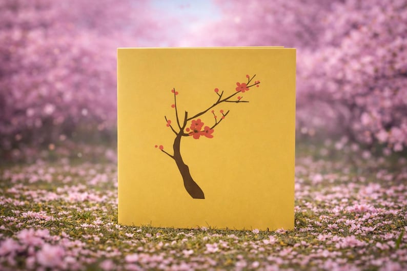 Cherry Blossom pop-up card detail of laser cut blossoms