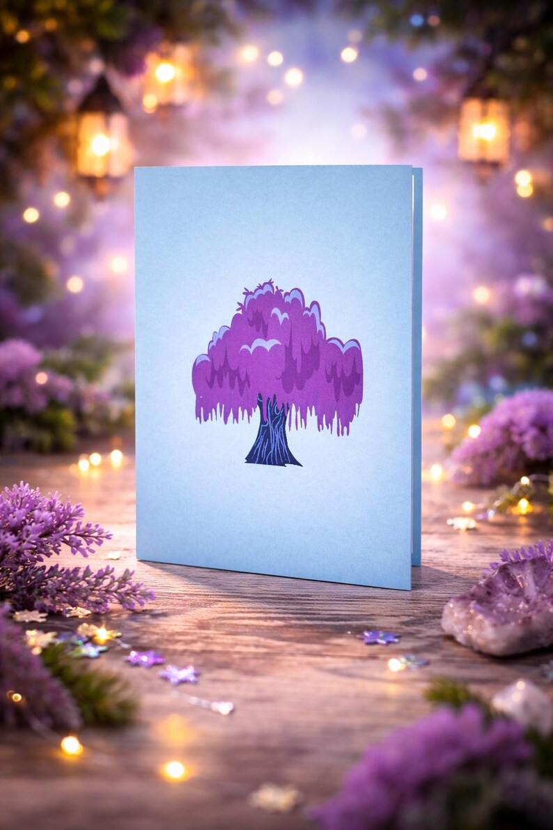 Purple Tree pop-up card open showing purple blossom tree