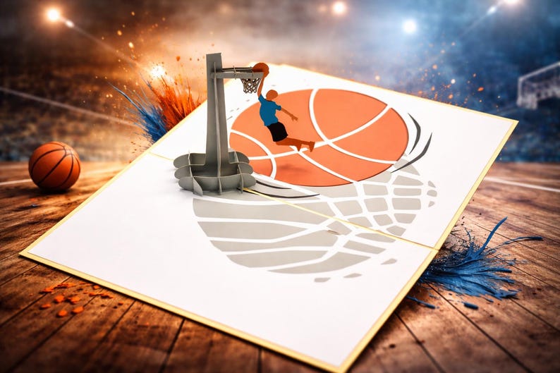 Basketball pop-up card open showing dunk scene