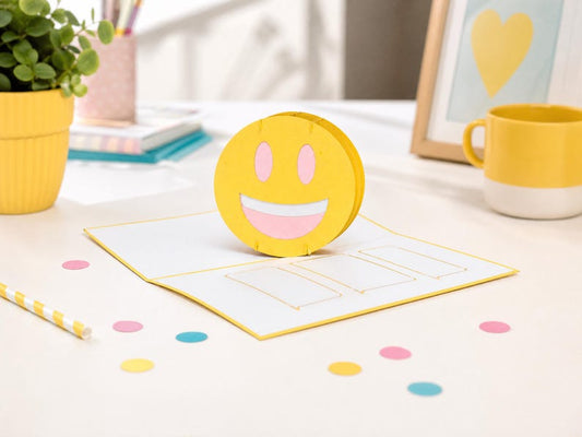 Happy Emoji 3D pop-up card by PopJoy Cards - front cover with yellow emoji