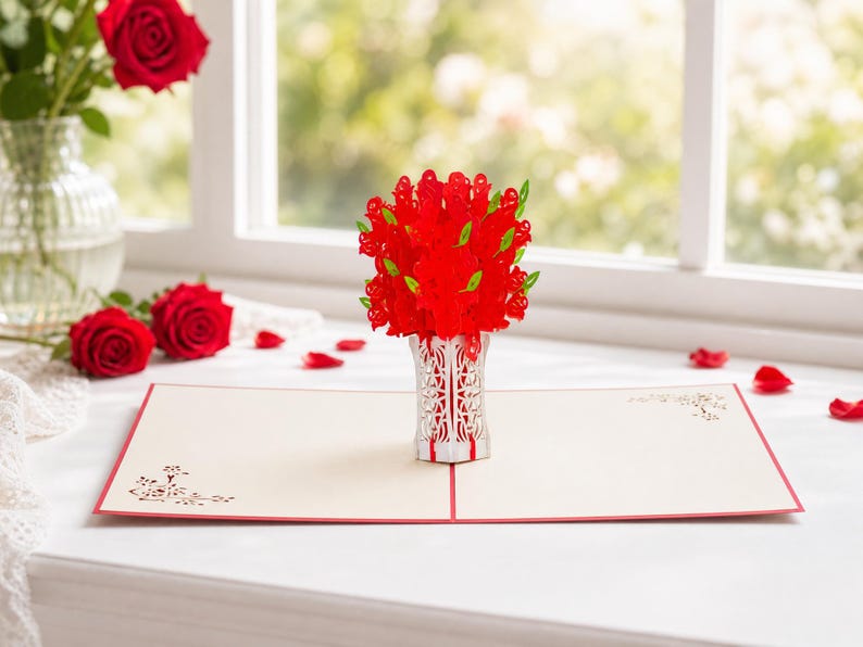 Red Roses 3D pop-up card by PopJoy Cards - front cover