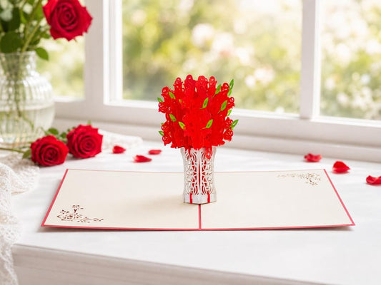 Red Roses 3D pop-up card by PopJoy Cards - front cover