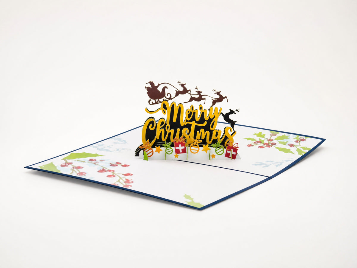 Merry Christmas 3D pop-up card by PopJoy Cards - open view, studio shot