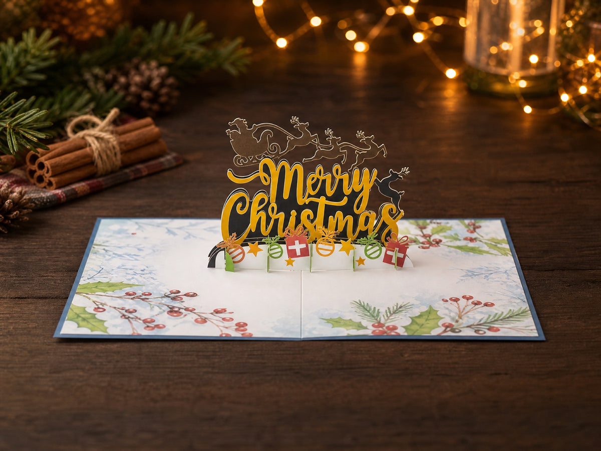 Merry Christmas 3D pop-up card by PopJoy Cards - lifestyle scene