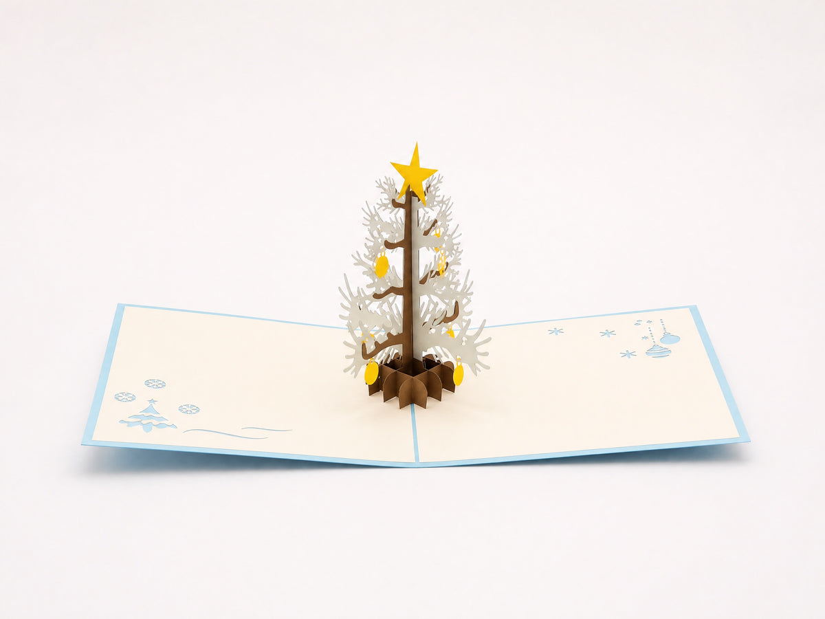 Mini Christmas Tree 3D pop-up card by PopJoy Cards - open view, studio shot