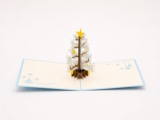 Mini Christmas Tree 3D pop-up card by PopJoy Cards - open view, studio shot