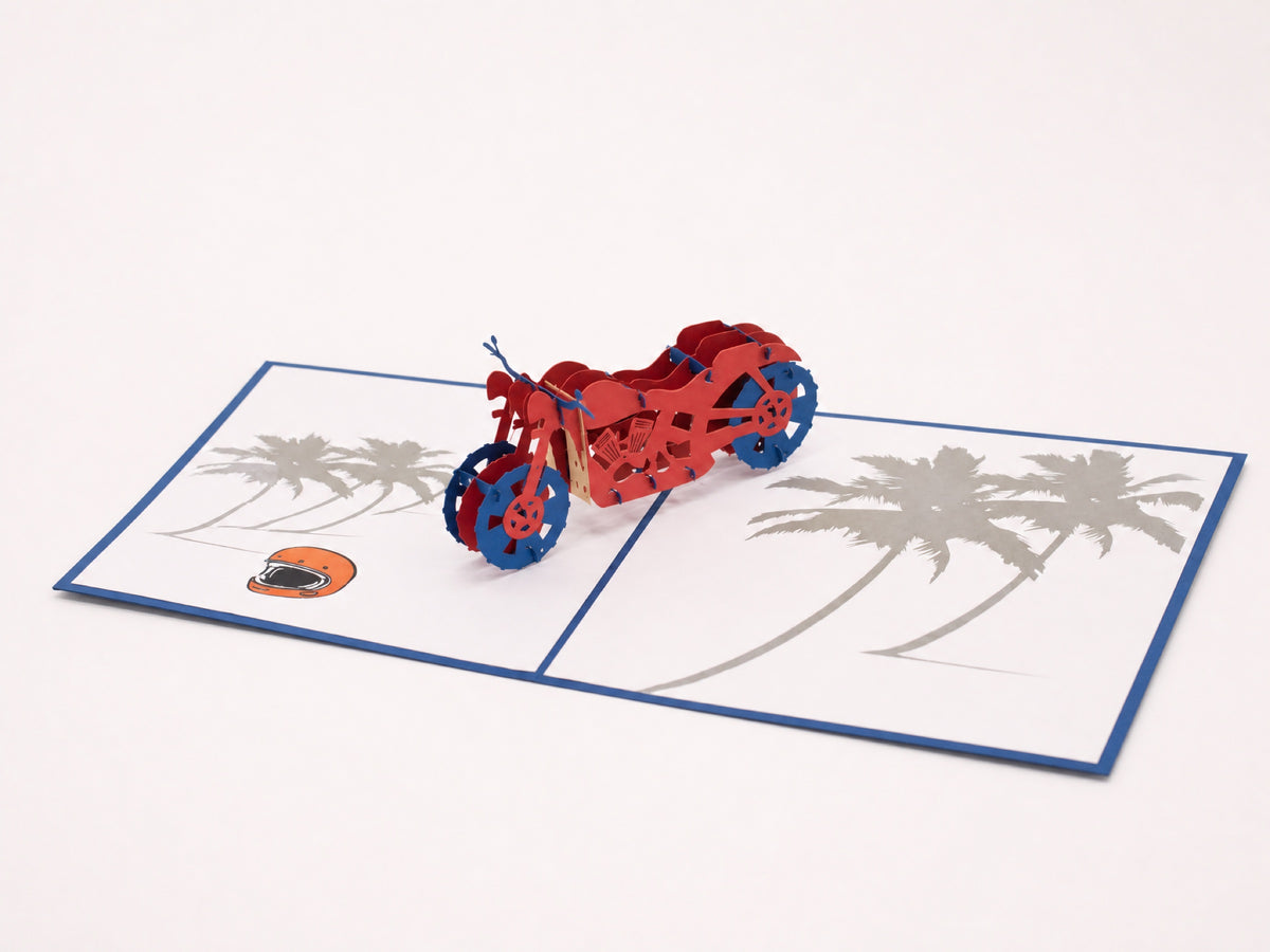 Motorcycle 3D pop-up card by PopJoy Cards - open view, studio shot