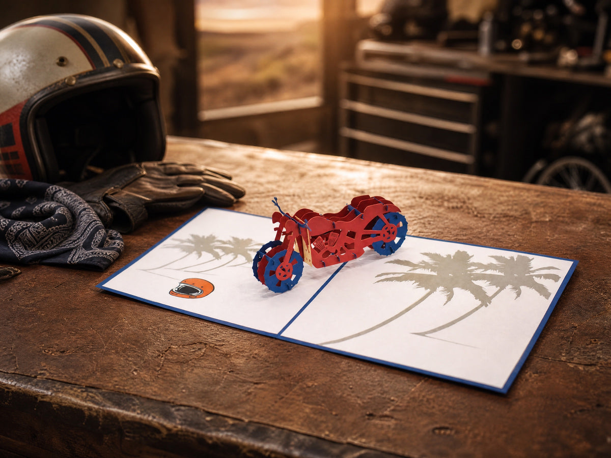 Motorcycle 3D pop-up card by PopJoy Cards - lifestyle scene