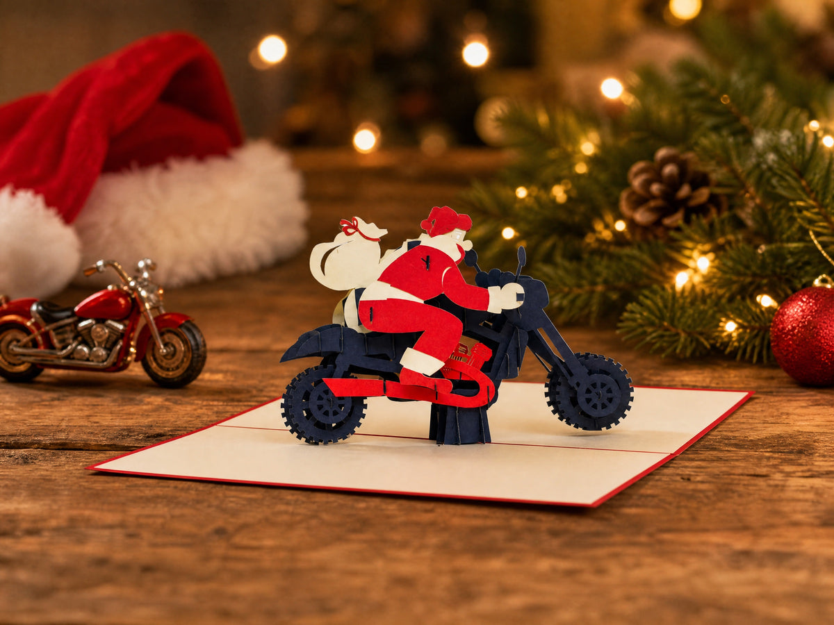 Motorcycle Santa 3D pop-up card by PopJoy Cards - lifestyle scene