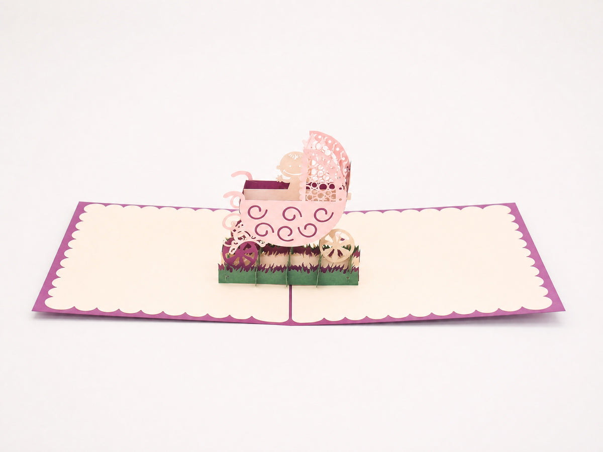 New Born Baby in Stroller 3D pop-up card by PopJoy Cards - open view, studio shot