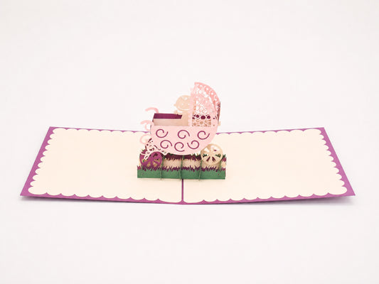 New Born Baby in Stroller 3D pop-up card by PopJoy Cards - open view, studio shot