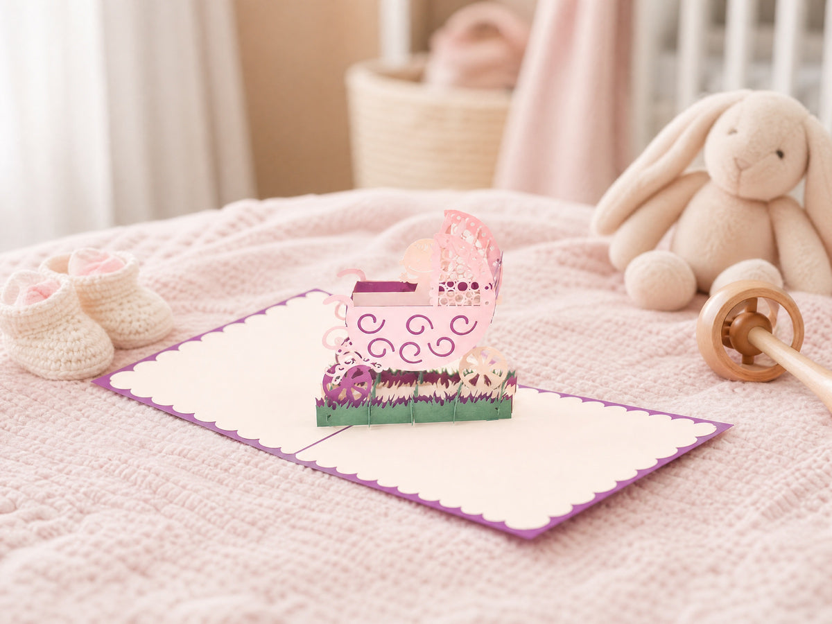 New Born Baby in Stroller 3D pop-up card by PopJoy Cards - lifestyle scene