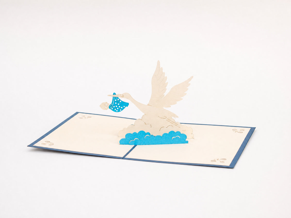 New Born Baby with Stork 3D pop-up card by PopJoy Cards - open view, studio shot