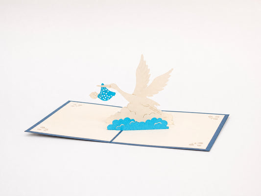 New Born Baby with Stork 3D pop-up card by PopJoy Cards - open view, studio shot