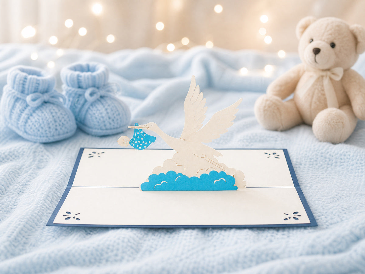 New Born Baby with Stork 3D pop-up card by PopJoy Cards - lifestyle scene