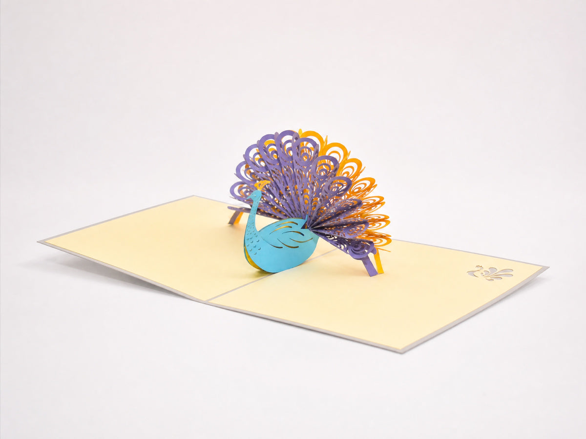Peacock 3D pop-up card by PopJoy Cards - open view, studio shot