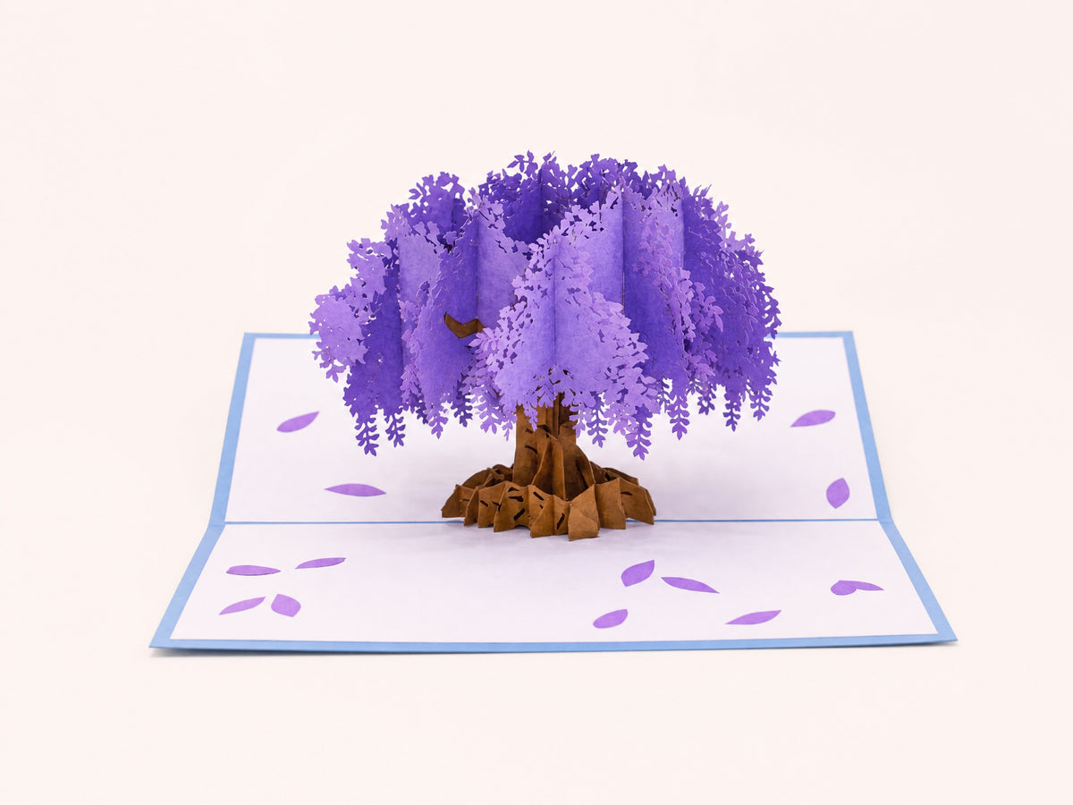 Purple Tree 3D pop-up card by PopJoy Cards - open view, studio shot