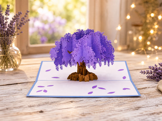 Purple Tree 3D pop-up card by PopJoy Cards - lifestyle scene