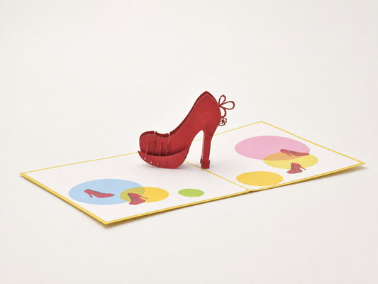Red Heels 3D pop-up card by PopJoy Cards - open view, studio shot