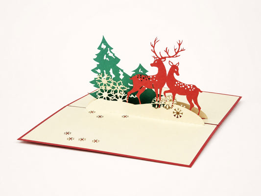Reindeer Christmas 3D pop-up card by PopJoy Cards - open view, studio shot