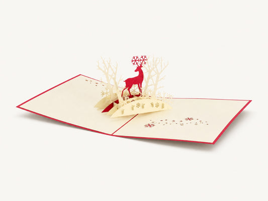 Reindeer Christmas pop-up card pack of 2 by PopJoy Cards - open view, studio shot