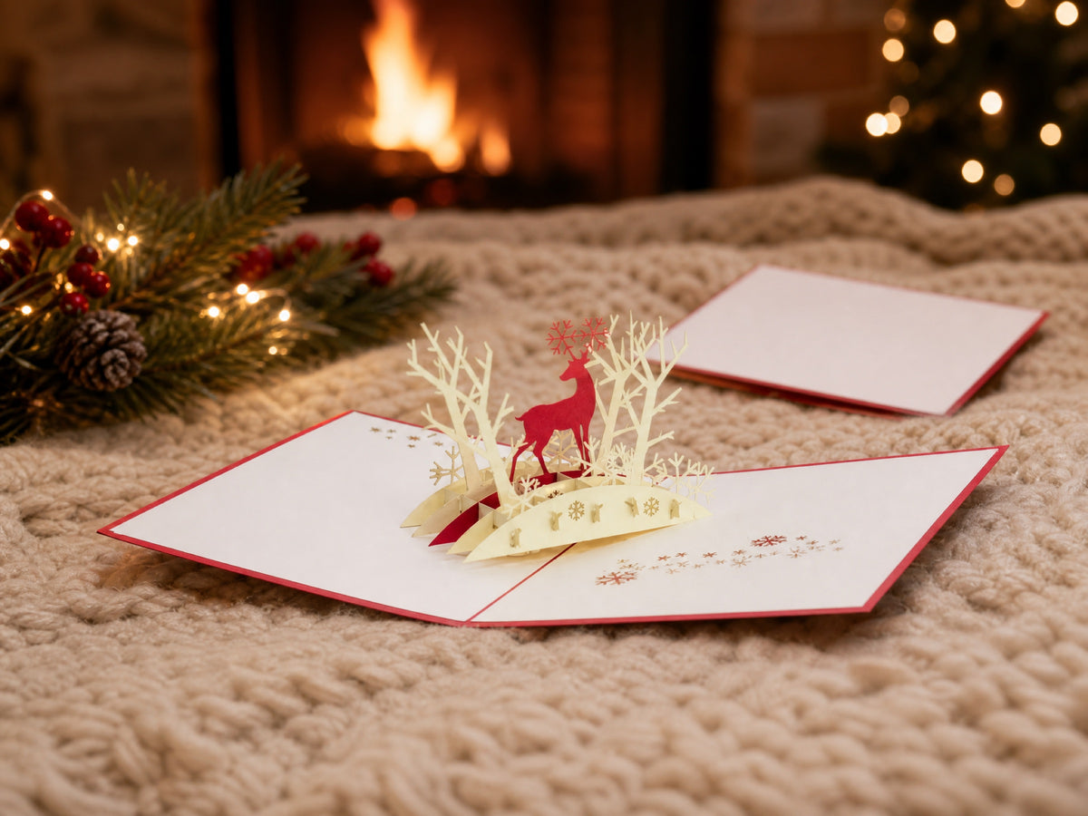 Reindeer Christmas pop-up card pack of 2 by PopJoy Cards - lifestyle scene