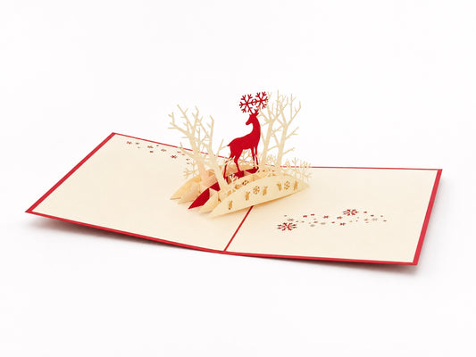 Reindeer in the Woods 3D pop-up card by PopJoy Cards - open view, studio shot