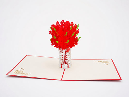Rose Flower Bouquet 3D pop-up card by PopJoy Cards - open view, studio shot