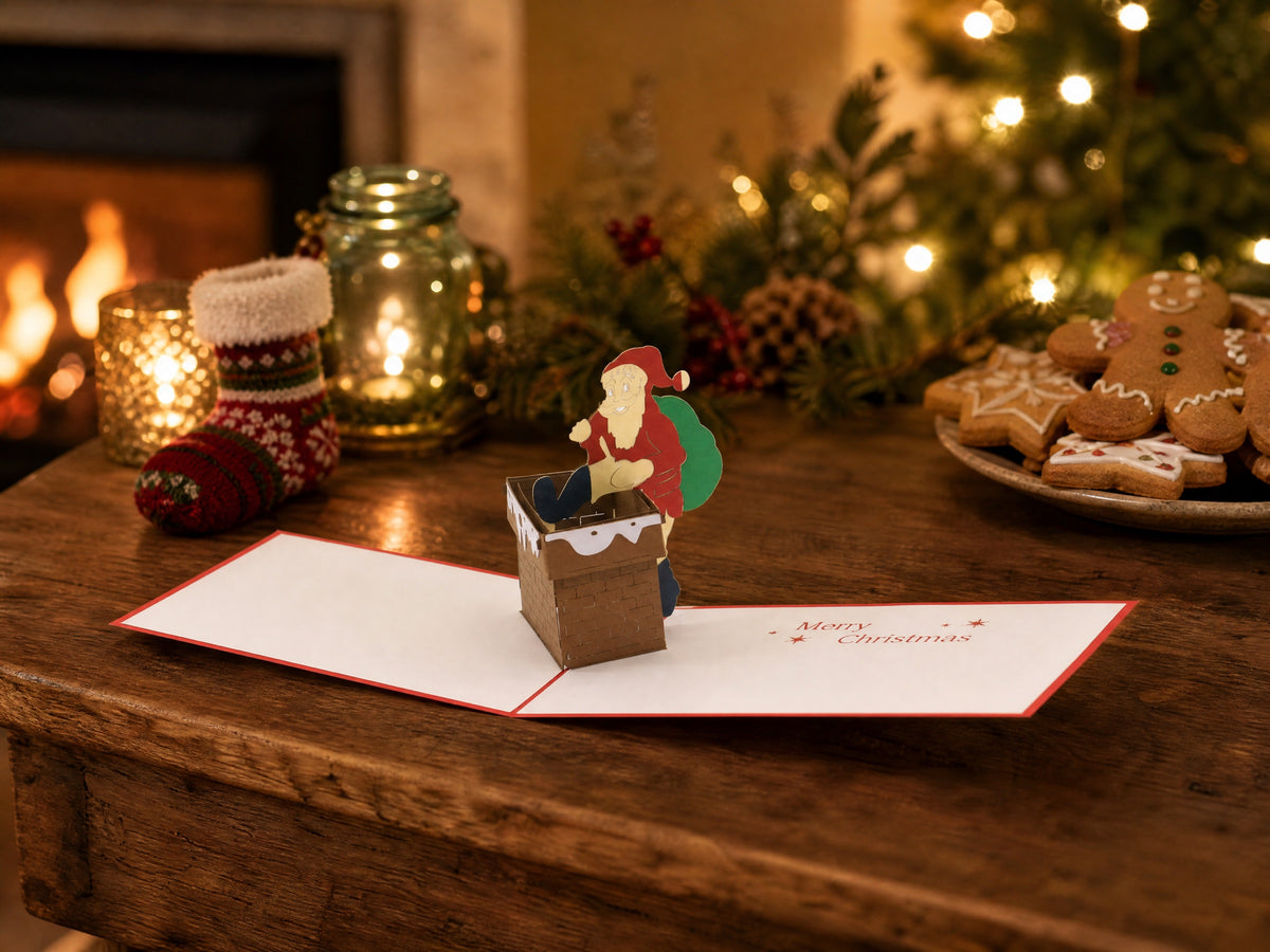 Santa Comes Down the Chimney 3D pop-up card by PopJoy Cards - lifestyle scene