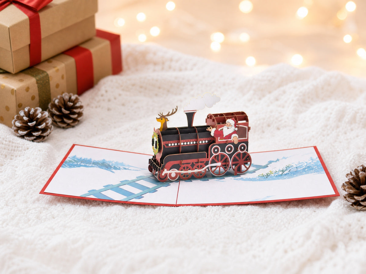 Santa on a Train 3D pop-up card by PopJoy Cards - lifestyle scene
