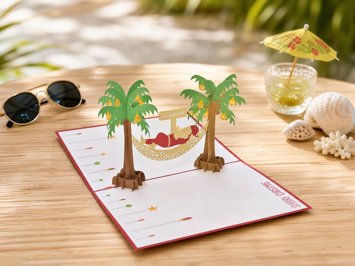 Santa on Vacation 3D pop-up card by PopJoy Cards - lifestyle scene