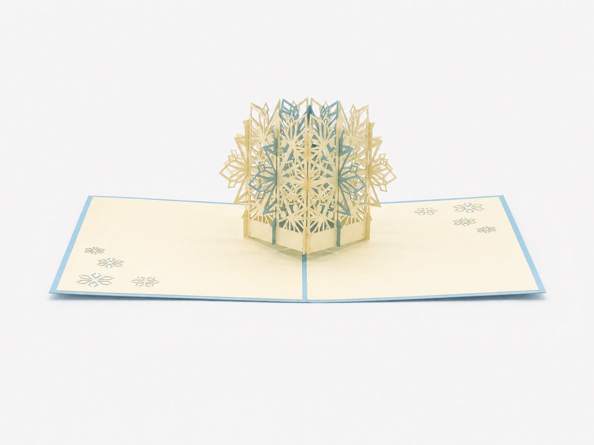 Snowflake 3D pop-up card by PopJoy Cards - open view, studio shot