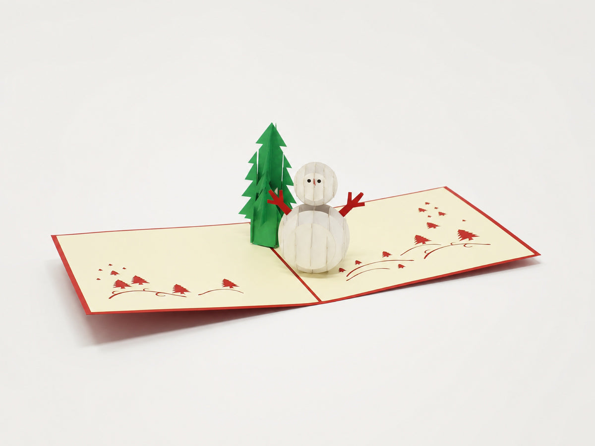 Snowman 3D pop-up card by PopJoy Cards - open view, studio shot