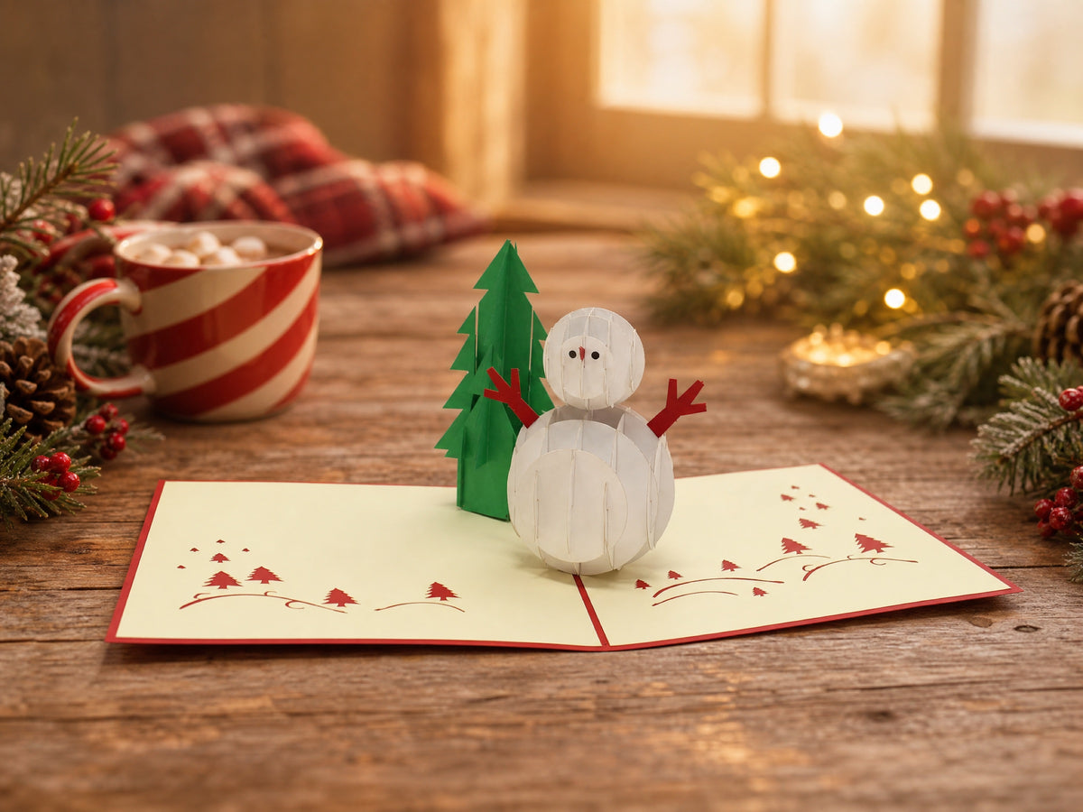 Snowman 3D pop-up card by PopJoy Cards - lifestyle scene