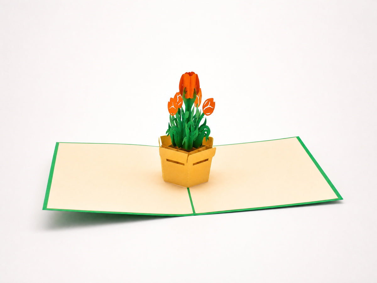Tulip Flower Bouquet 3D pop-up card by PopJoy Cards - open view, studio shot