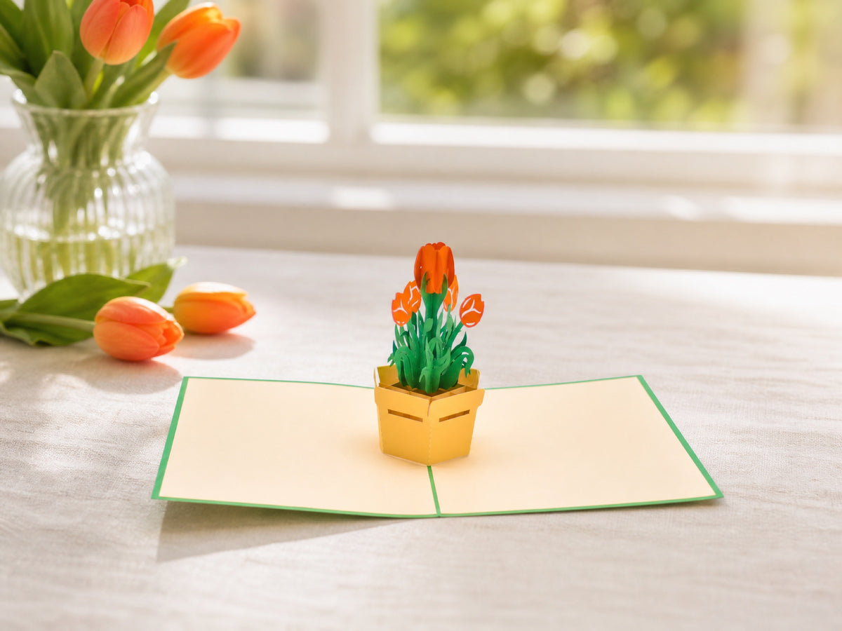 Tulip Flower Bouquet 3D pop-up card by PopJoy Cards - lifestyle scene