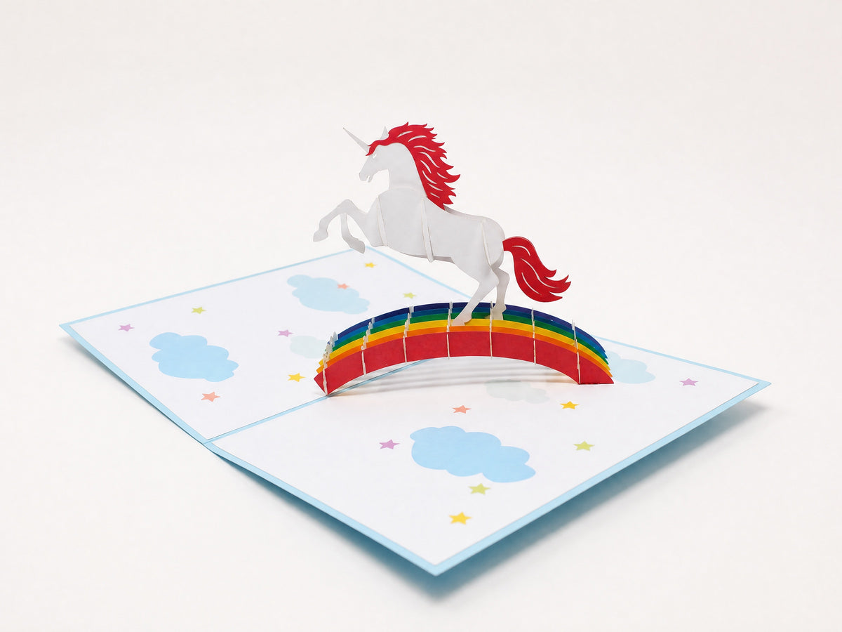 Unicorn 3D pop-up card by PopJoy Cards - open view, studio shot