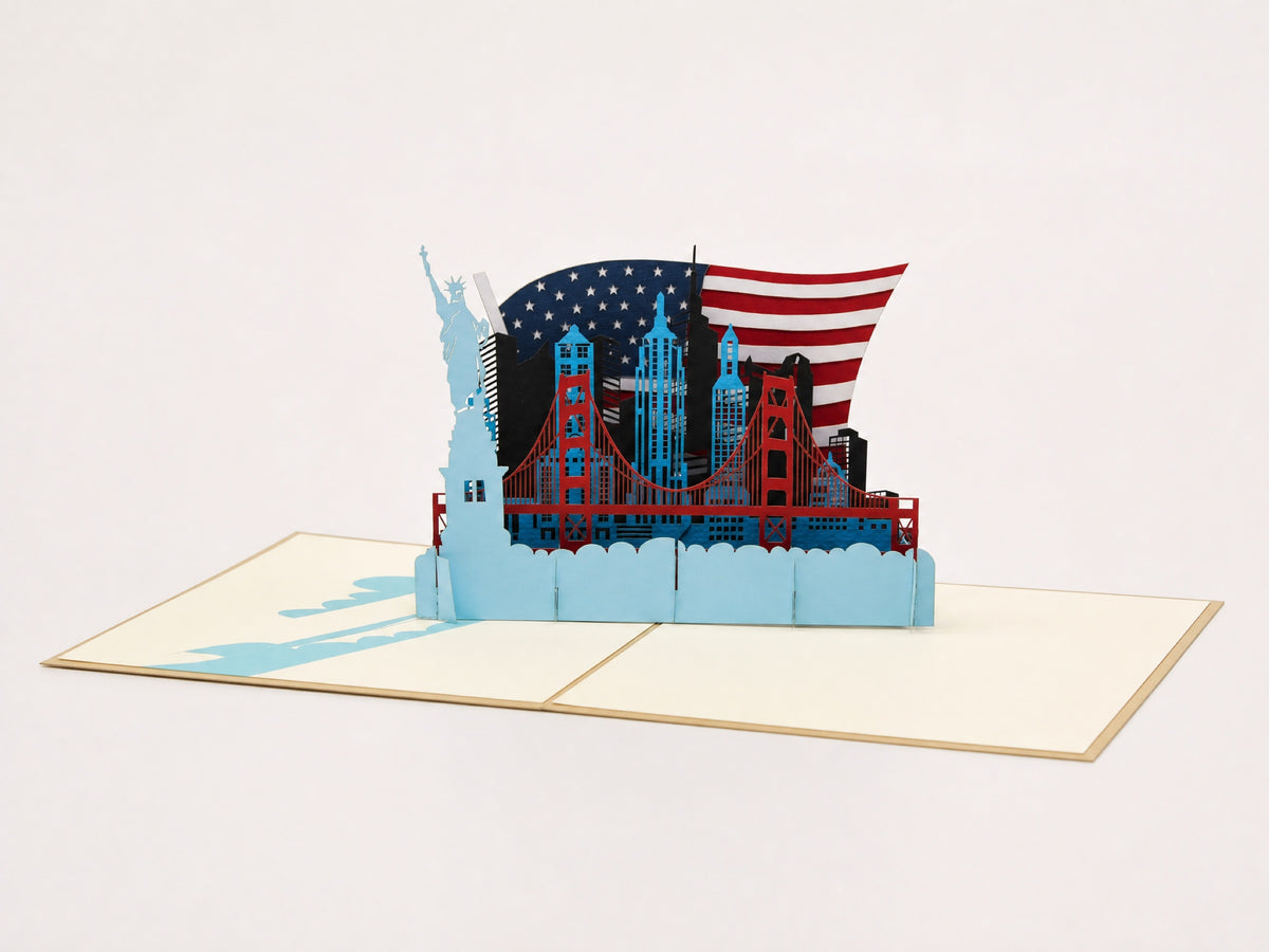 USA Lady Liberty 3D pop-up card by PopJoy Cards - open view, studio shot