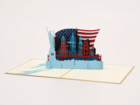 USA Lady Liberty 3D pop-up card by PopJoy Cards - open view, studio shot