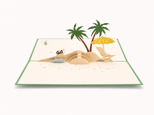 Vacation 3D pop-up card by PopJoy Cards - open view, studio shot