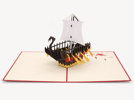 Viking Pirate Ship 3D pop-up card by PopJoy Cards - open view, studio shot