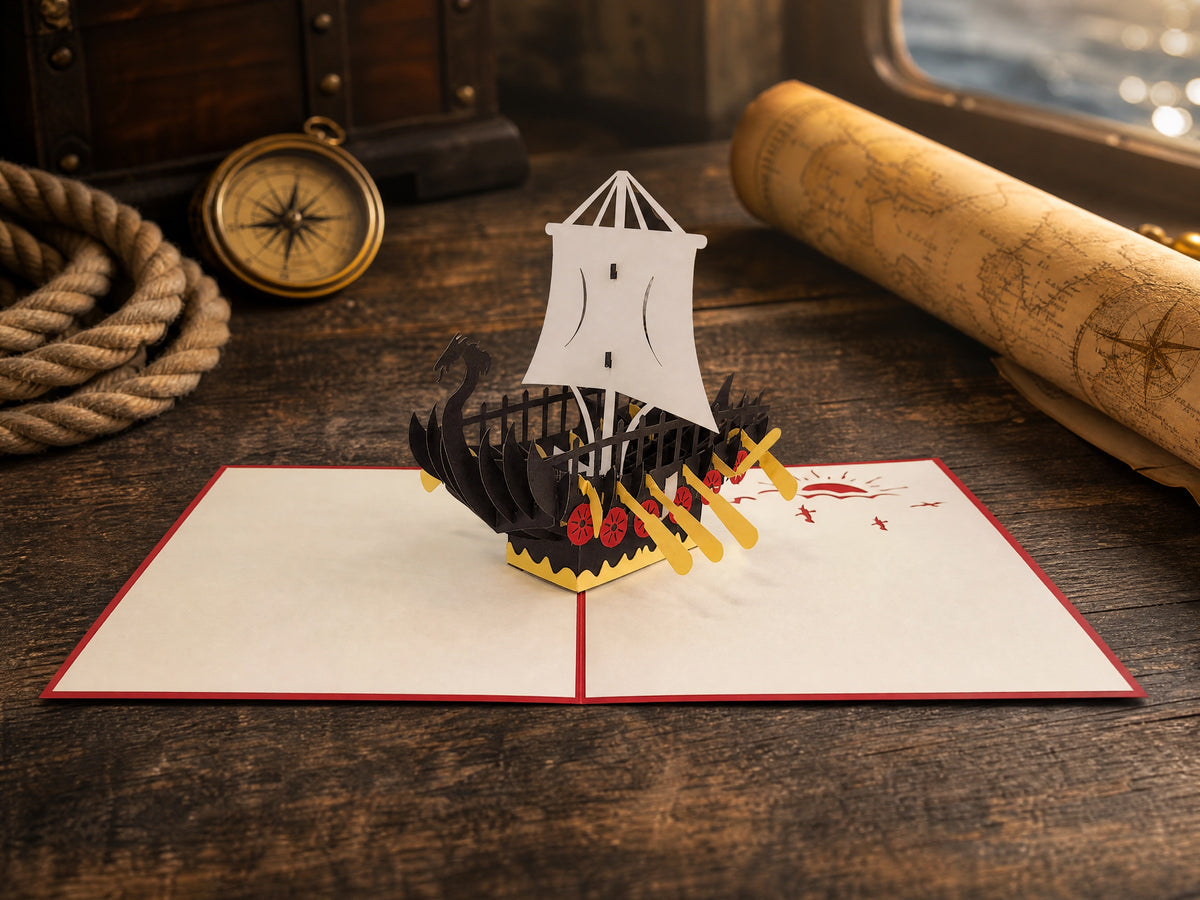 Viking Pirate Ship 3D pop-up card by PopJoy Cards - lifestyle scene