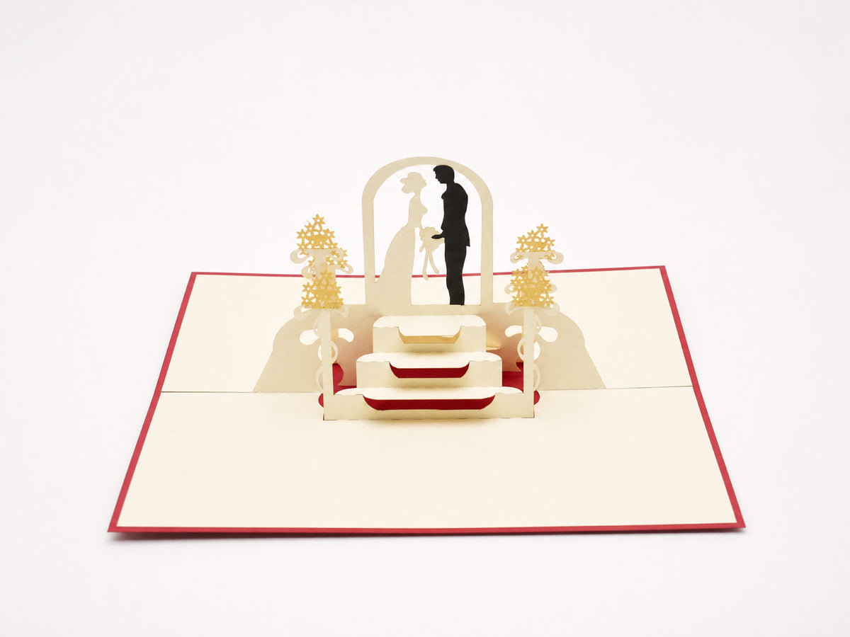 Wedding at the Altar 3D pop-up card by PopJoy Cards - open view, studio shot