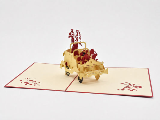 Wedding Getaway Car 3D pop-up card by PopJoy Cards - open view, studio shot