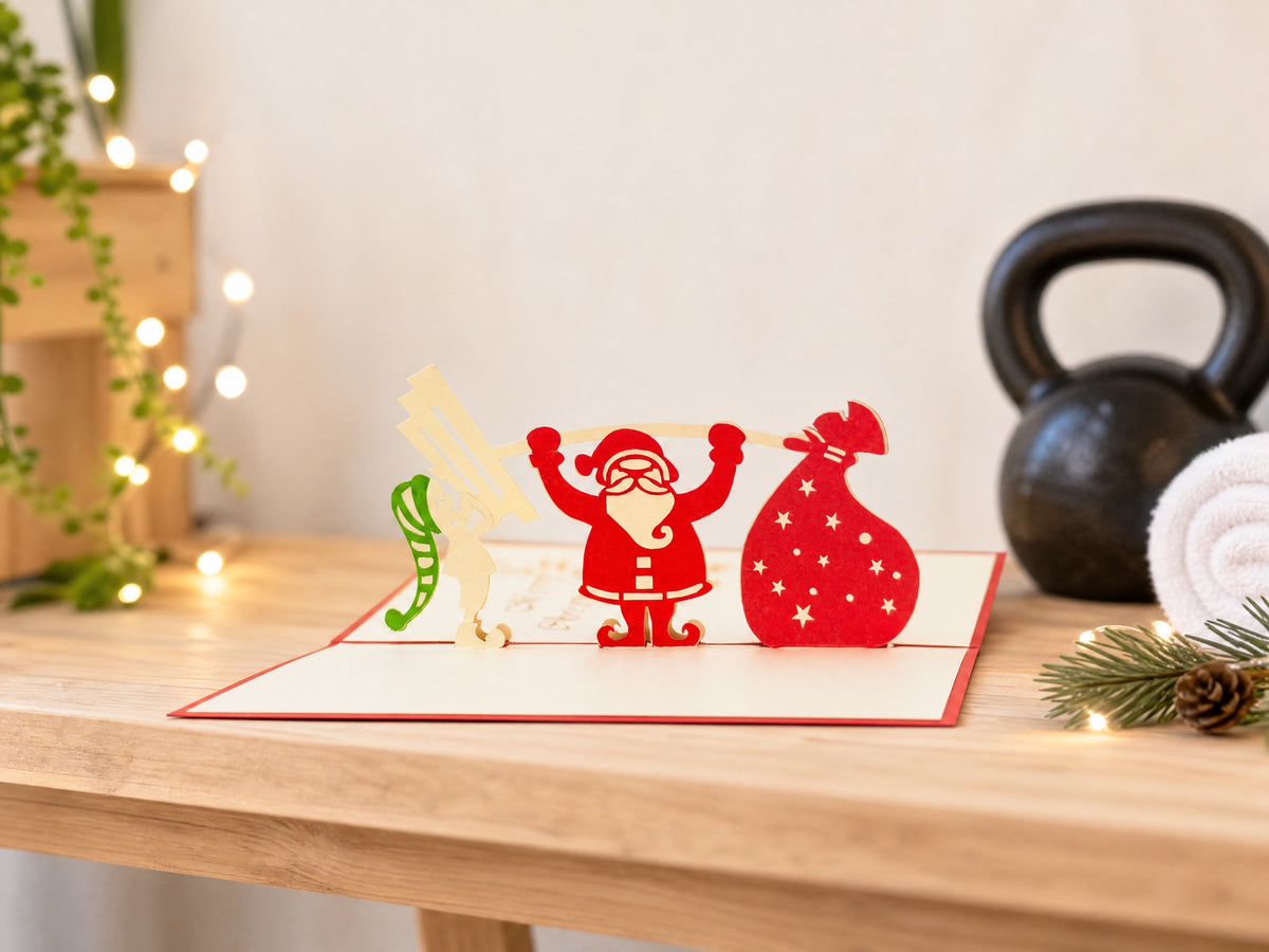 Weightlifting Santa 3D pop-up card by PopJoy Cards - lifestyle scene