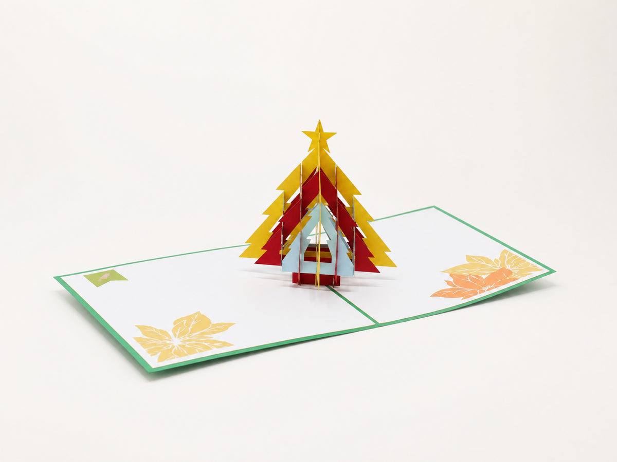ZigZag Christmas Tree 3D pop-up card by PopJoy Cards - open view, studio shot