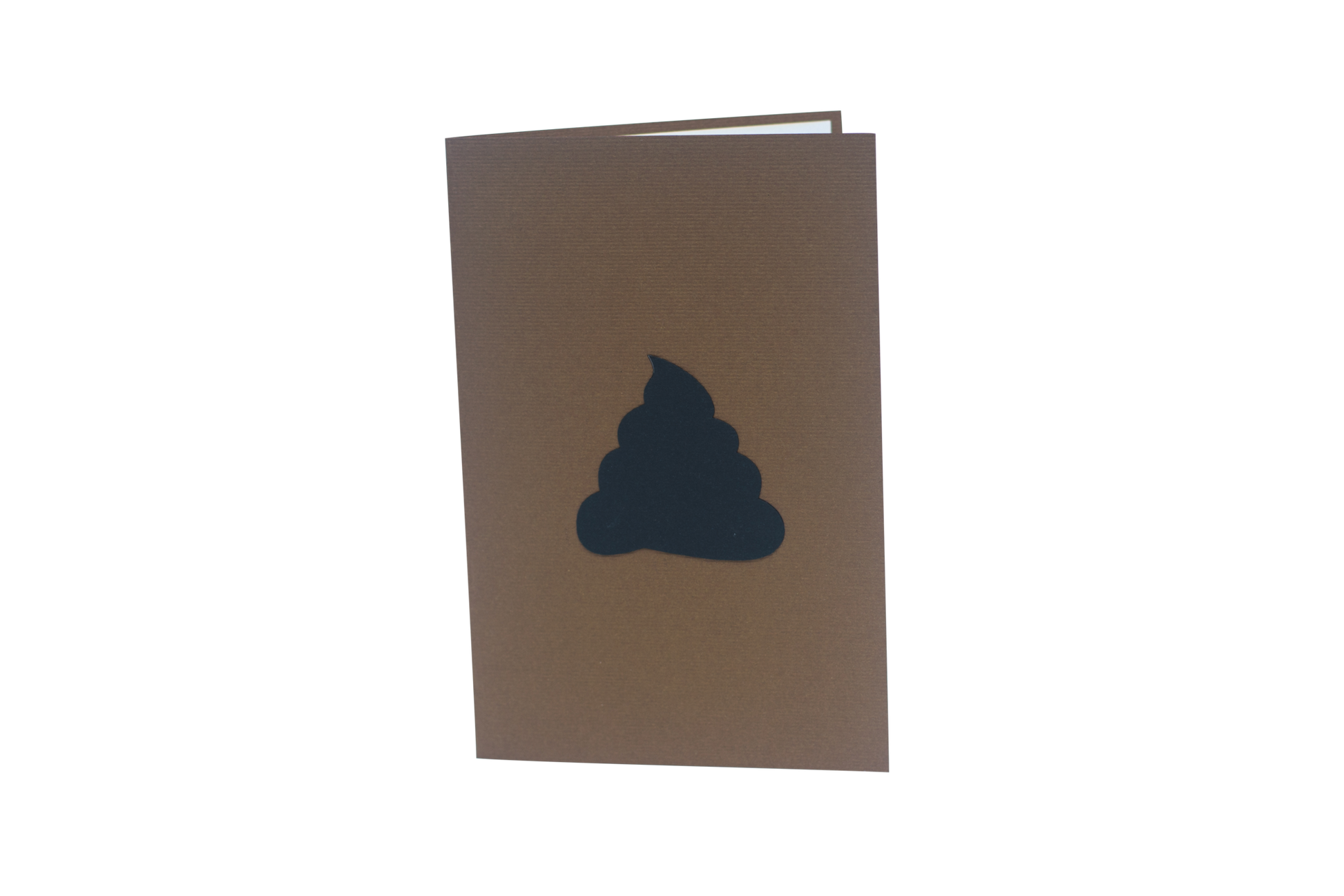 Brown card with black silhouette of poop emoji